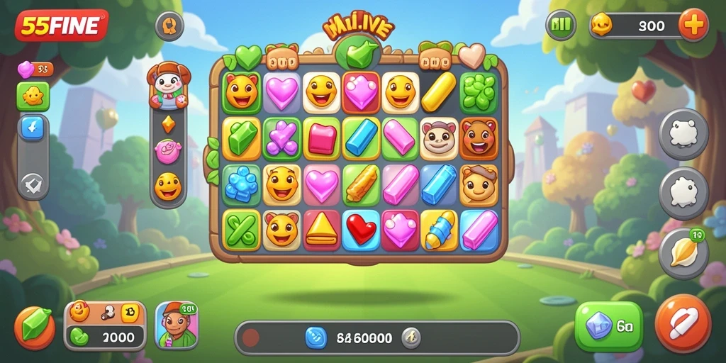 Screenshot 55FIVE menampilkan gameplay Match-3 yang menarik dan penuh warna.