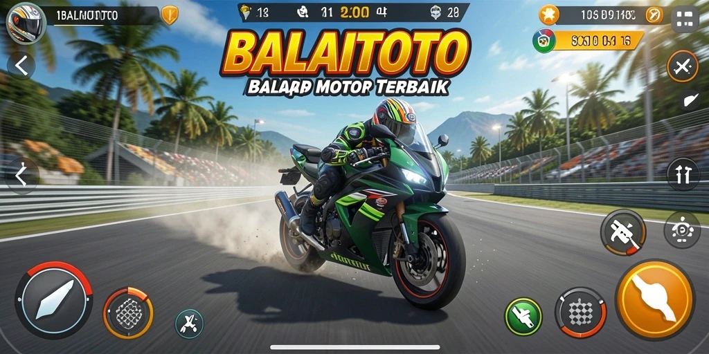 Tangkapan layar utama BALAITOTO menunjukkan aksi balap motor yang intens.
