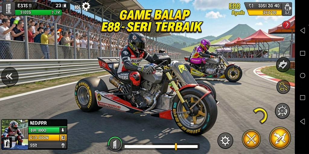 Tampilan gameplay E88 yang seru dan penuh aksi balap.