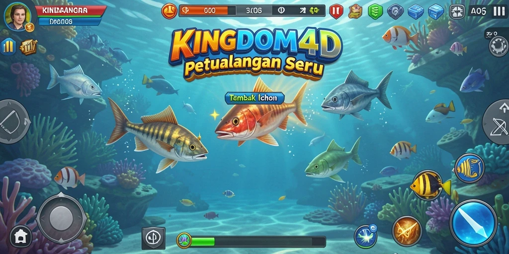 Screenshot KINGDOM4D menampilkan aksi seru menembak ikan di bawah laut.