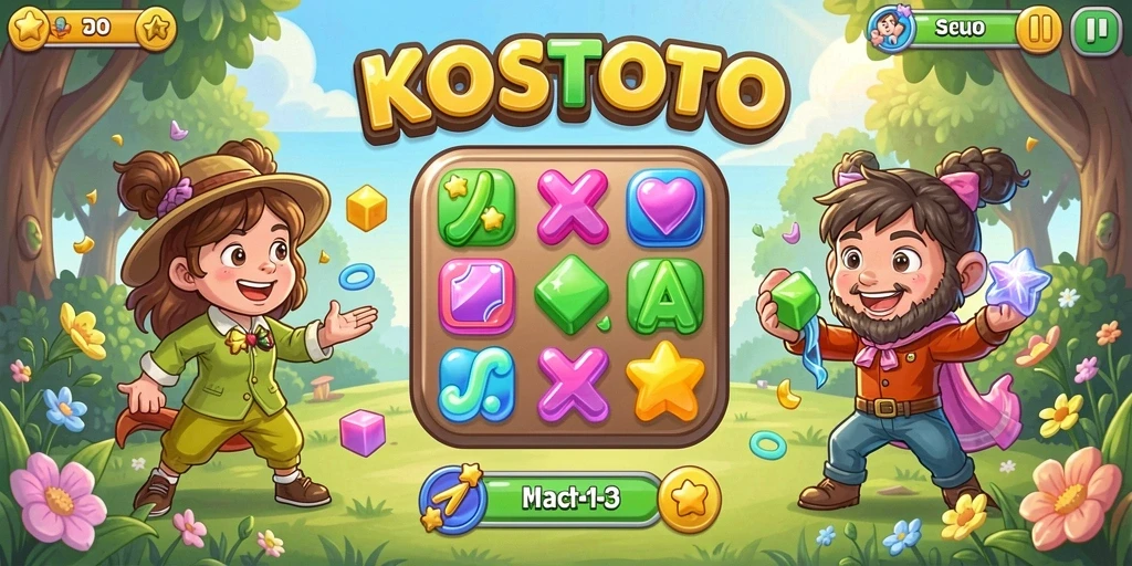 Tampilan permainan KOSTOTO dengan elemen Match-3 yang ceria dan menantang.