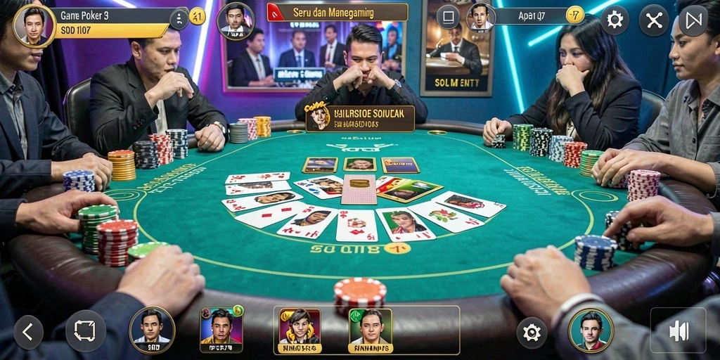 Screenshot gameplay SD107 menampilkan aksi seru permainan poker.
